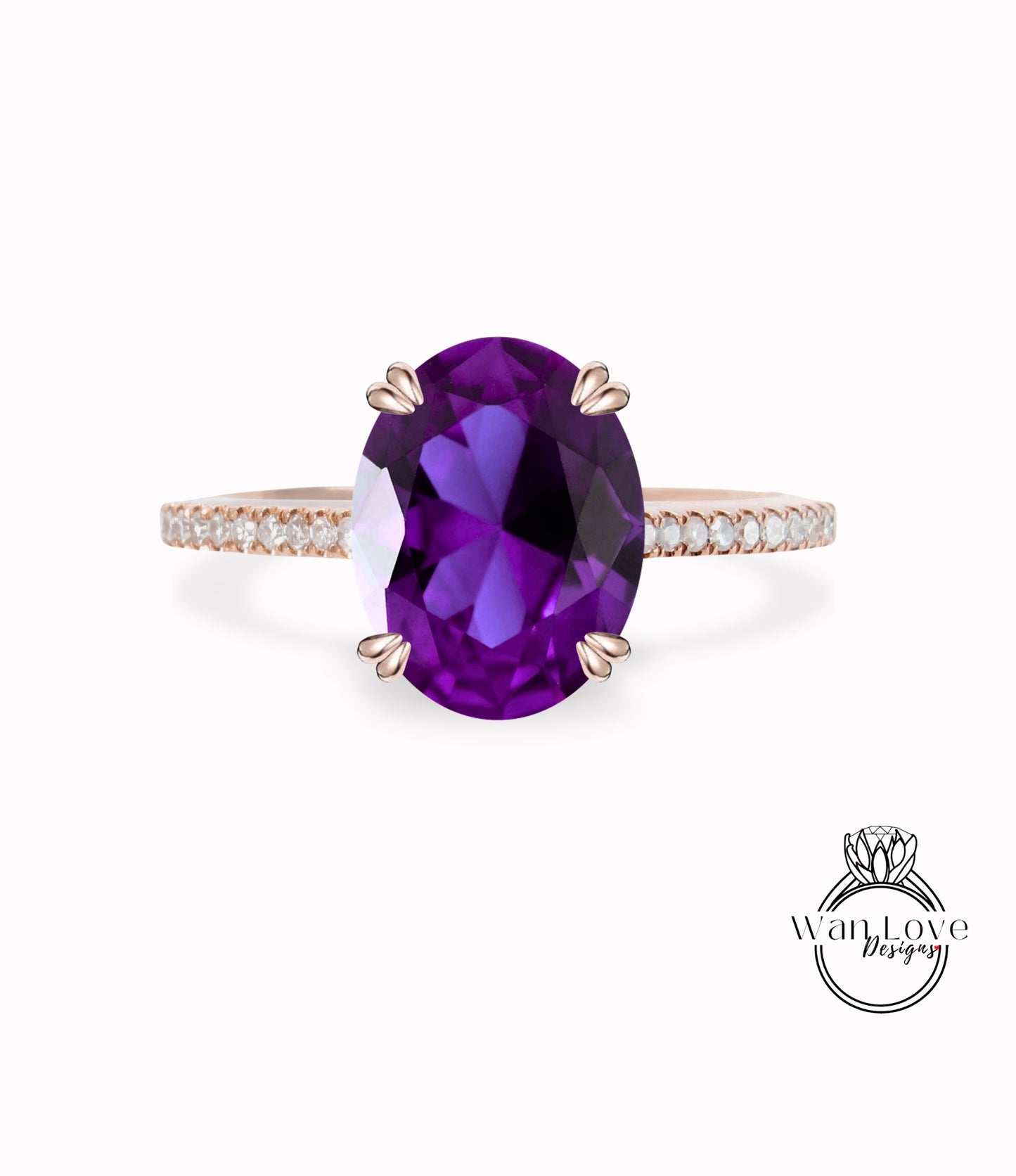 Anello di fidanzamento in stile art deco con fascia di diamanti a mezza eternità in oro rosa con zaffiro che cambia colore viola alessandrite taglio ovale