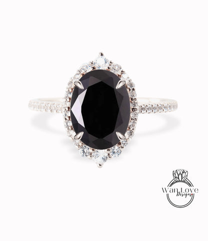 Anello di fidanzamento Halo ovale graduato con spinello nero e diamanti, personalizzato, matrimonio, oro 18kt 14kt, platino, WanLoveDesigns