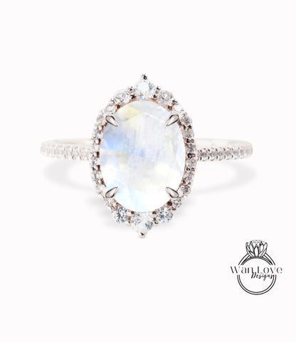 Anello di fidanzamento Halo ovale graduato con pietra di luna e diamanti, personalizzato, matrimonio, oro 14kt 18kt, platino, WanLoveDesigns