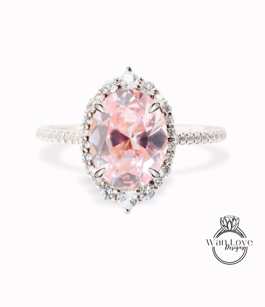 Anello di fidanzamento Halo ovale graduato con zaffiro e diamanti, personalizzato, matrimonio, 14k 18k bianco rosa oro giallo, platino, WanLoveDesigns