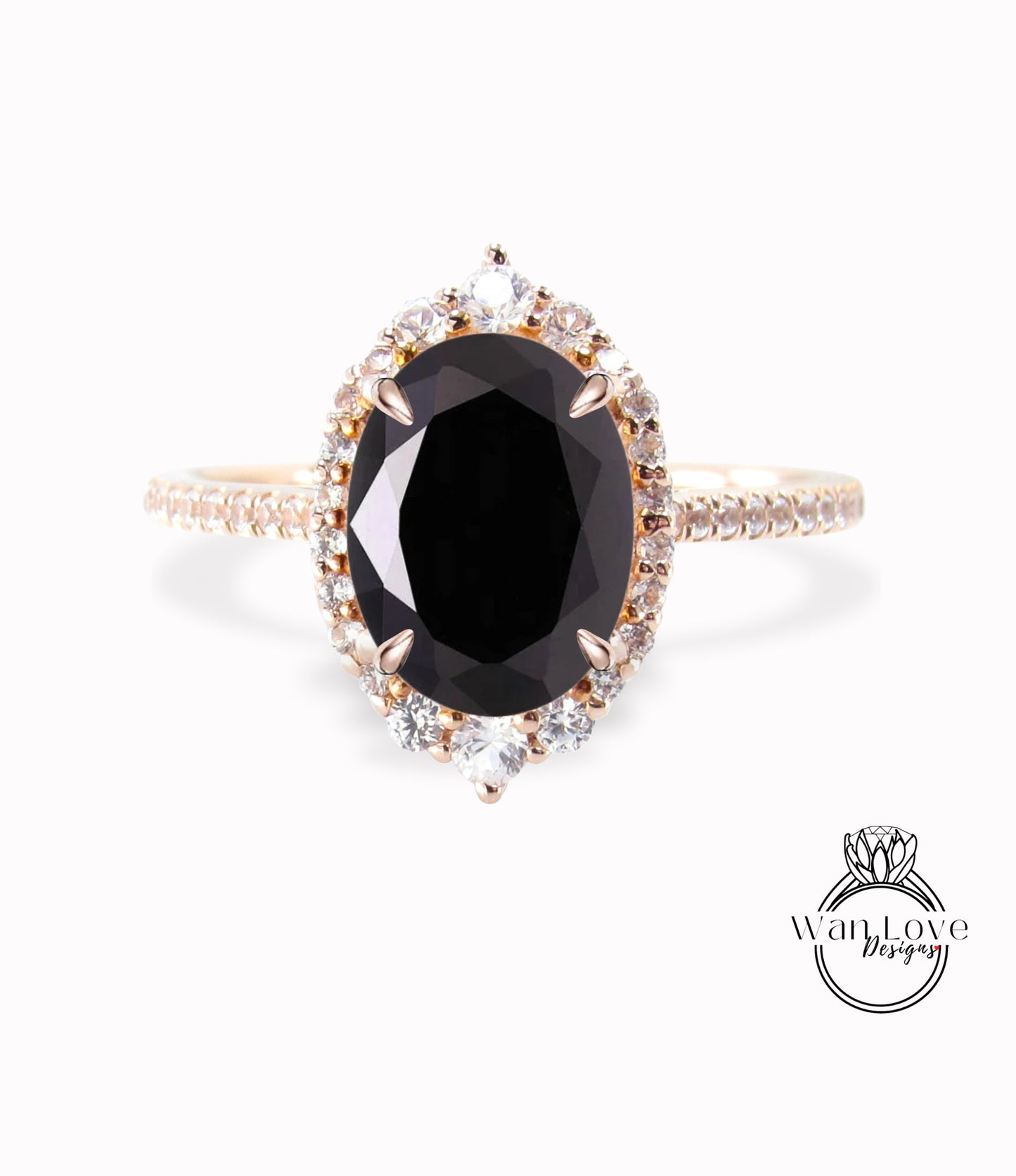 Anello di fidanzamento Halo ovale graduato con spinello nero e diamanti, personalizzato, matrimonio, oro 18kt 14kt, platino, WanLoveDesigns