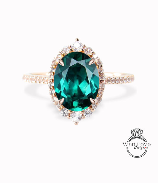 Emerald & Diamonds Oval Graduated Halo Engagement Ring, Custom, Wedding, 14k 18k White Rose Yellow Gold, Platinum, WanLoveDesigns