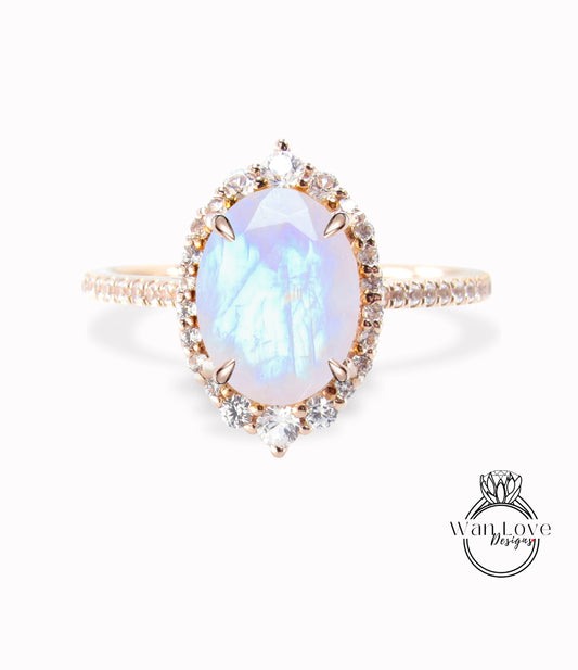 Moonstone & Diamonds Oval Graduated Halo Engagement Ring, Custom, Wedding, 14kt 18kt Gold, Platinum, WanLoveDesigns