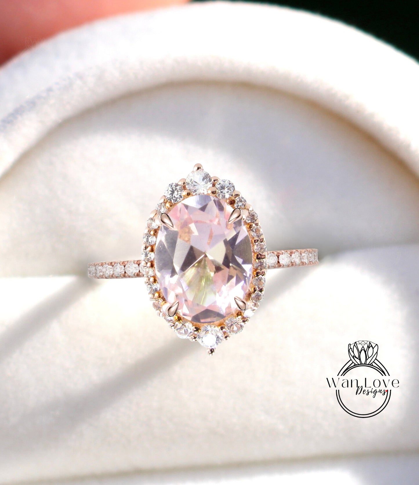 Peach Sapphire & Diamonds Oval Graduated Halo Engagement Ring, Custom, Wedding, 14k 18k White Rose Yellow Gold, Platinum, WanLoveDesigns