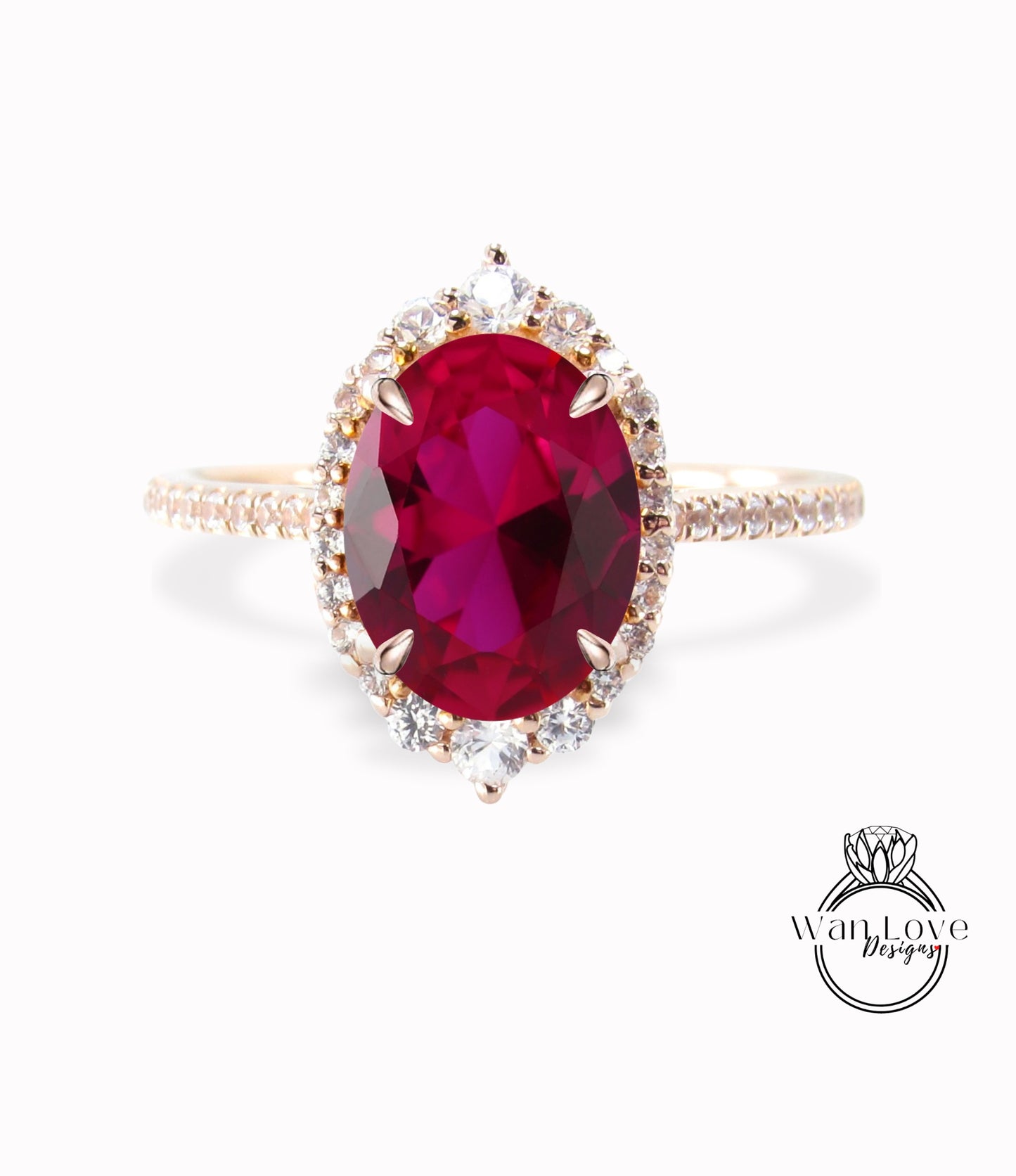 Ruby & Diamond Oval Graduated Halo Engagement Ring, Custom, 14kt 18kt Gold, Platinum, Wedding, Anniversary Gift, WanLoveDesigns