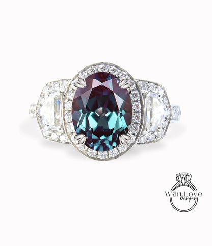 Oval Alexandrite engagement ring rose gold ring vintage ring half moon diamond halo pave 3 sided ring art deco unique Wedding Anniversary