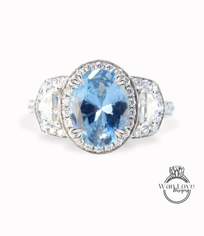 Aquamarine Blue Spinel Diamond Oval Engagement Ring half moon trapezoid,3ct,9x7mm,Custom,14k 18k White Yellow Rose Gold, Platinum,Wedding