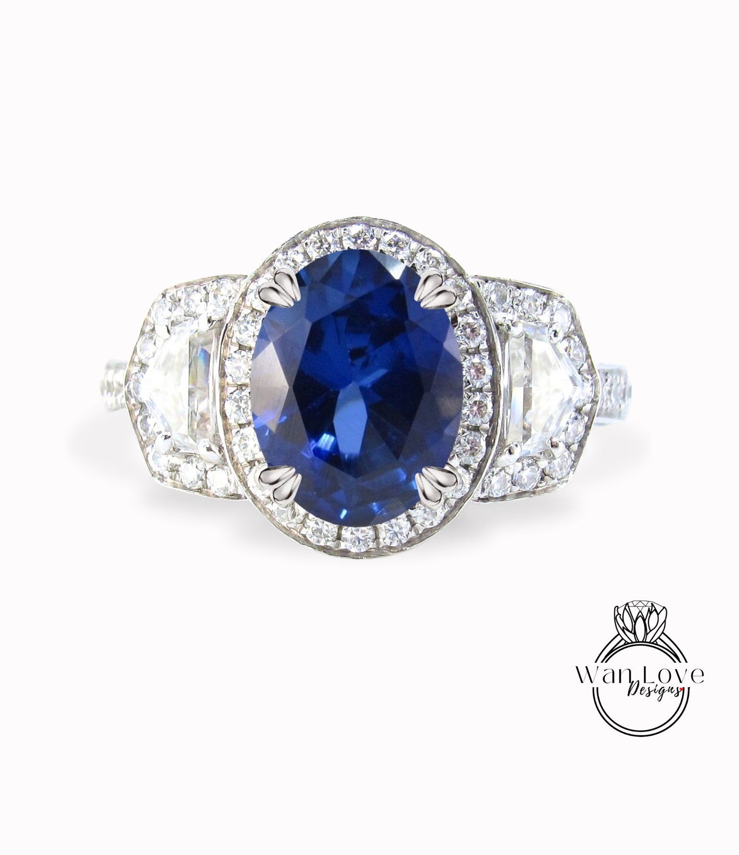 Anello di fidanzamento ovale con diamante zaffiro blu, trapezio a mezzaluna, 3ct, 9x7mm, personalizzato, oro rosa giallo bianco 14k 18k, platino, regalo di anniversario