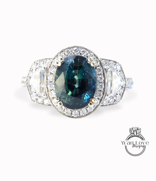 Peacock Sapphire Diamond Oval Engagement Ring half moon trapezoid, 3ct, 9x7mm, Custom, 14k 18k White Yellow Rose Gold, Platinum,Wedding,Gift