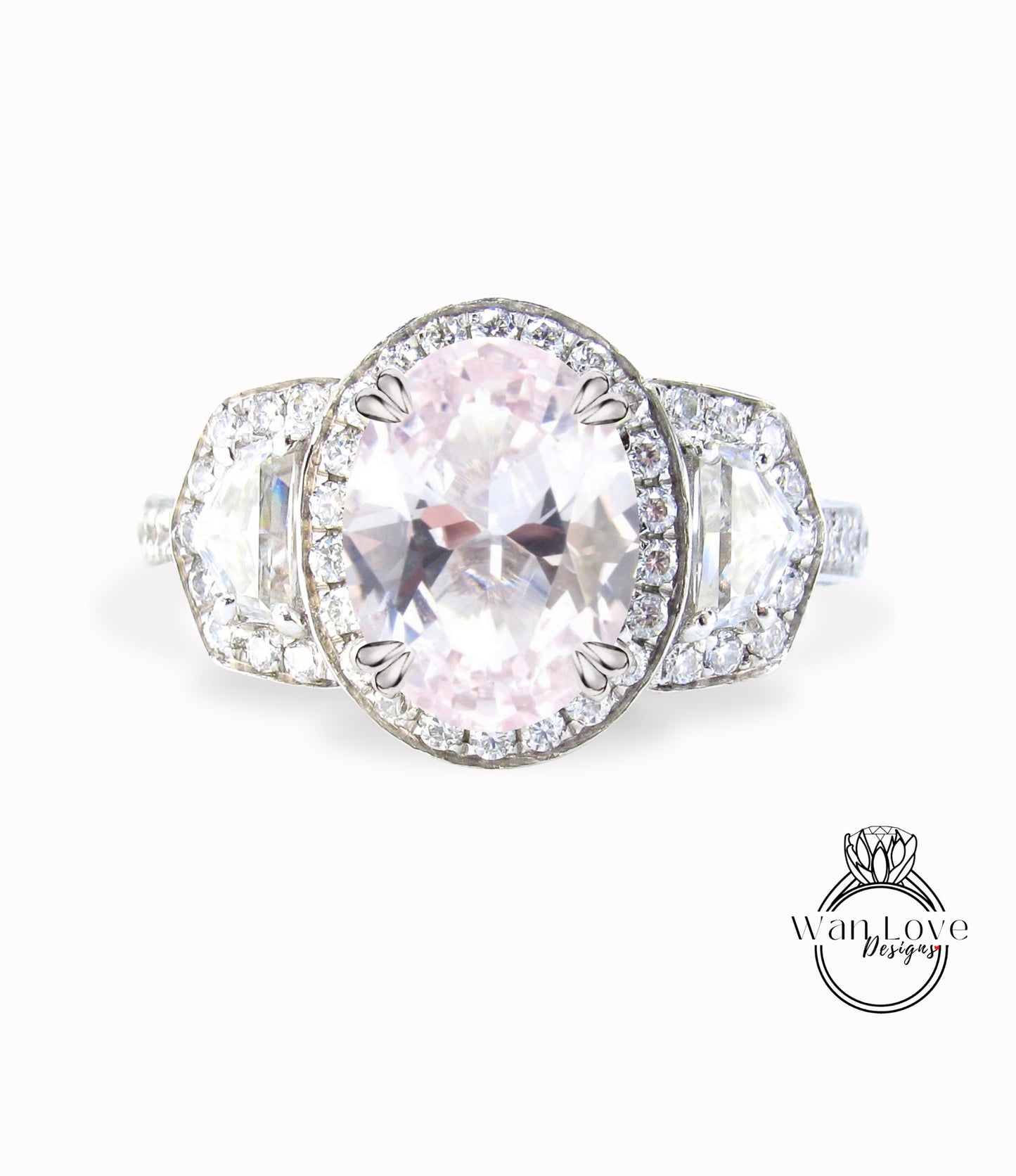 Anello di fidanzamento ovale con zaffiro rosa chiaro e diamanti, trapezio a mezzaluna, 3 ct, 9x7 mm, personalizzato, oro rosa giallo bianco 14k 18k, platino, matrimonio