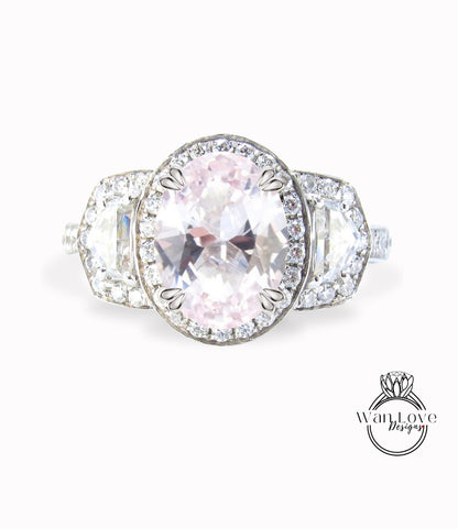 Anello di fidanzamento ovale con zaffiro rosa chiaro e diamanti, trapezio a mezzaluna, 3 ct, 9x7 mm, personalizzato, oro rosa giallo bianco 14k 18k, platino, matrimonio