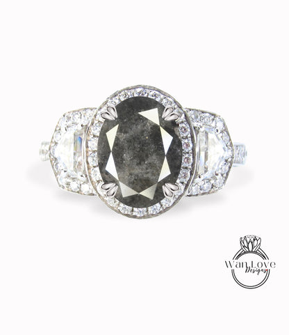 Salt & Pepper Diamond Oval Engagement Ring half moon trapezoid 2ct Custom Wedding Cadillac cut