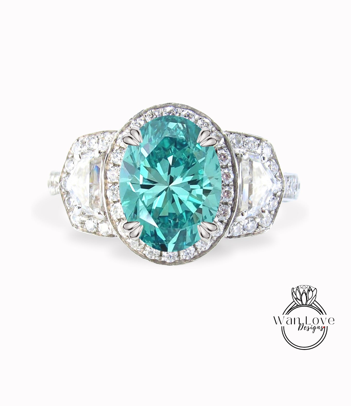 Teal Blue Green Moissanite & Diamond Oval Engagement Ring half moon trapezoid, 3ct, 9x7mm, Custom, 14k 18k White Yellow Rose Gold, Platinum