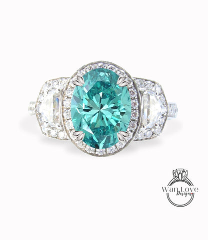 Teal Blue Green Moissanite & Diamond Oval Engagement Ring half moon trapezoid, 3ct, 9x7mm, Custom, 14k 18k White Yellow Rose Gold, Platinum