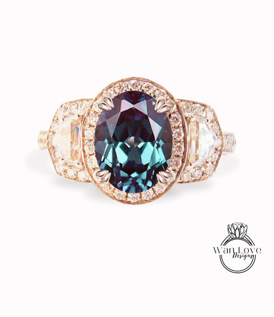 Oval Alexandrite engagement ring rose gold ring vintage ring half moon diamond halo pave 3 sided ring art deco unique Wedding Anniversary