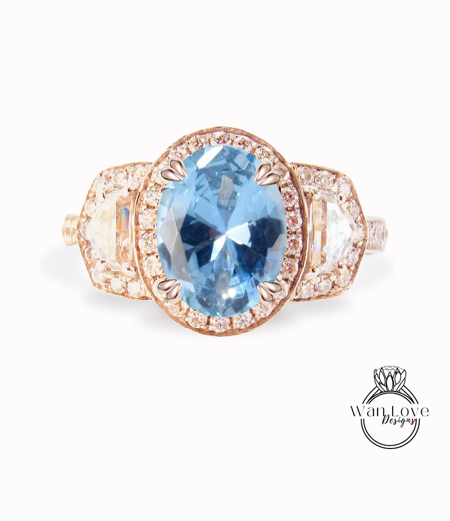 Aquamarine Blue Spinel Diamond Oval Engagement Ring half moon trapezoid,3ct,9x7mm,Custom,14k 18k White Yellow Rose Gold, Platinum,Wedding