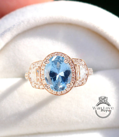 Aquamarine Blue Spinel Diamond Oval Engagement Ring half moon trapezoid,3ct,9x7mm,Custom,14k 18k White Yellow Rose Gold, Platinum,Wedding