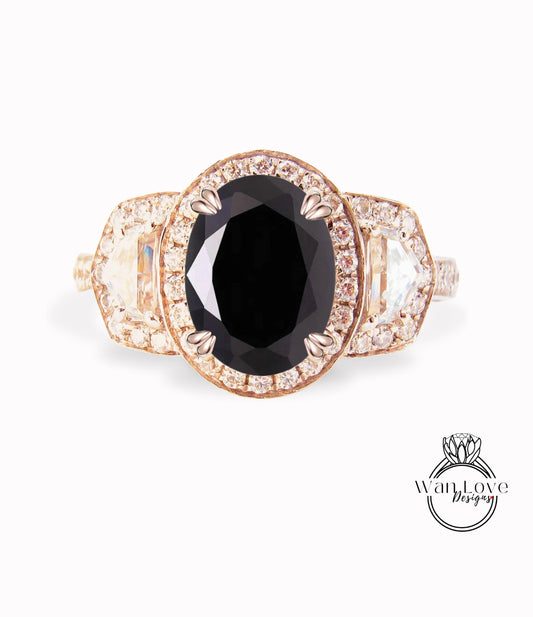 Black Spinel Oval Engagement Ring, half moon trapezoid, 3ct, 9x7mm, Custom,14k 18k White Yellow Rose Gold, Platinum,Wedding,Anniversary Gift