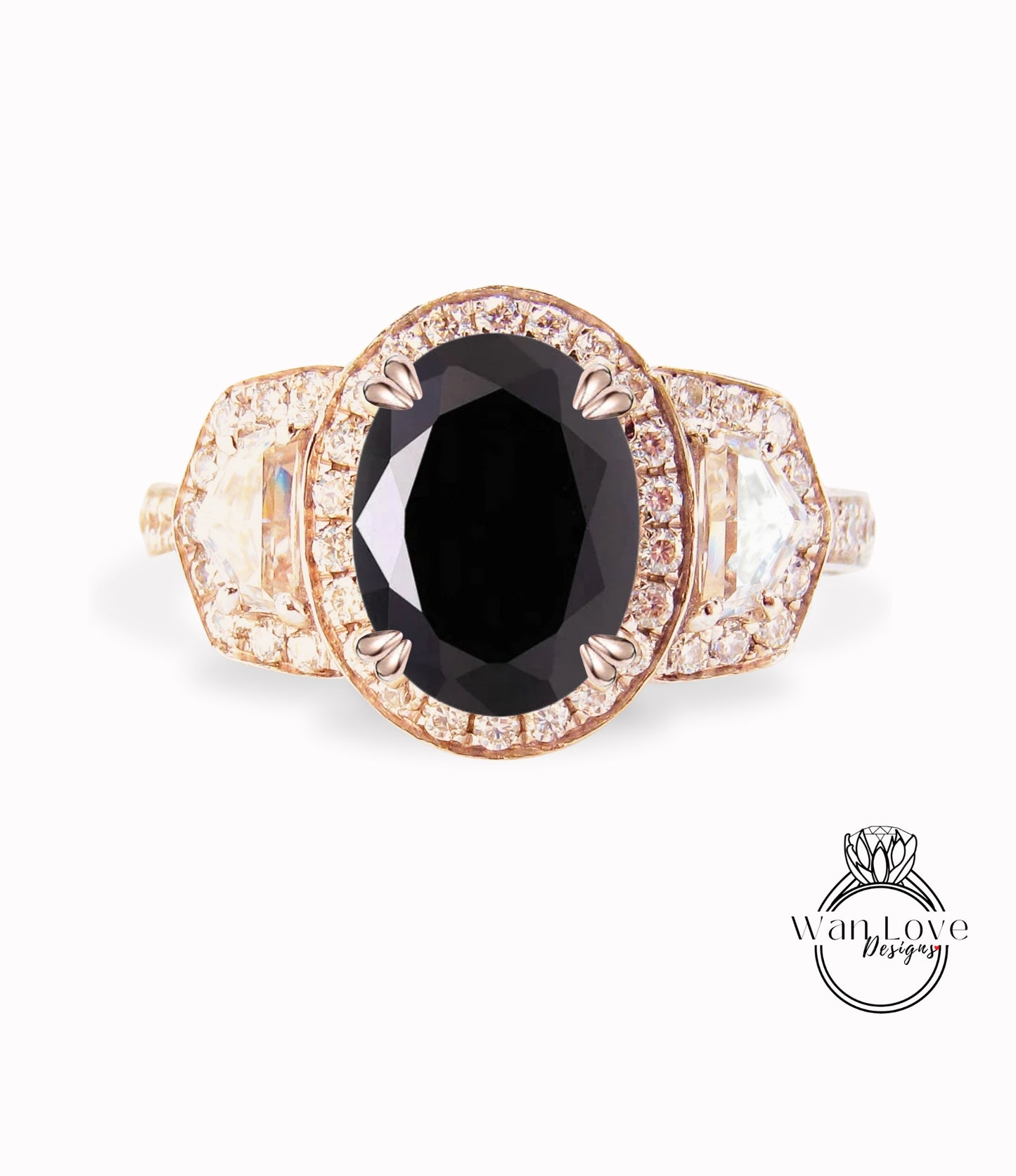 Anello di fidanzamento ovale con spinello nero, trapezio a mezza luna, 3ct, 9x7mm, personalizzato, oro rosa giallo bianco 14k 18k, platino, matrimonio, regalo di anniversario