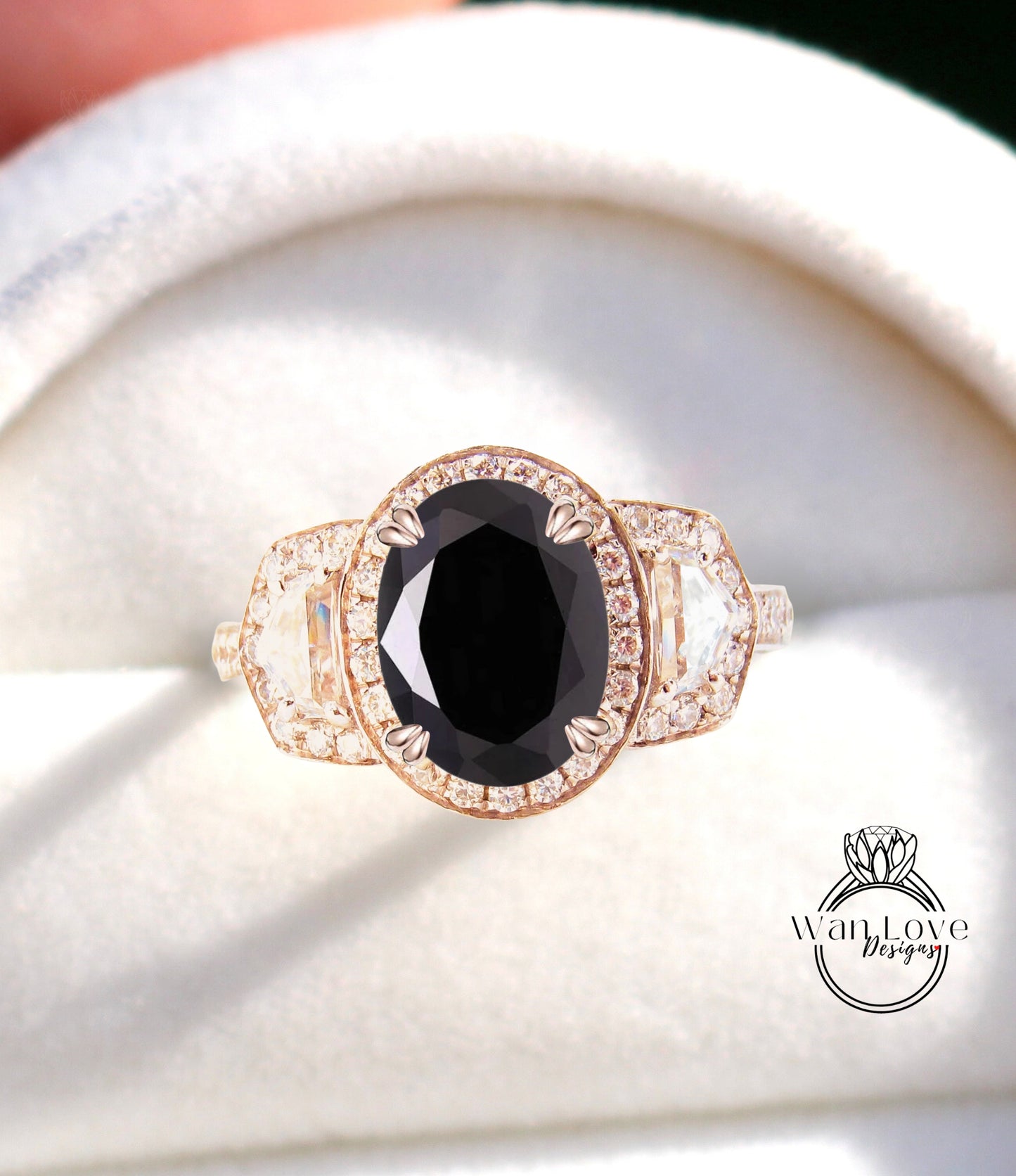 Anello di fidanzamento ovale con spinello nero, trapezio a mezza luna, 3ct, 9x7mm, personalizzato, oro rosa giallo bianco 14k 18k, platino, matrimonio, regalo di anniversario