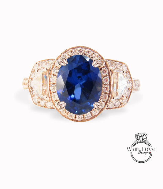 Blue Sapphire Diamond Oval Engagement Ring half moon trapezoid, 3ct, 9x7mm,Custom,14k 18k White Yellow Rose Gold, Platinum, Anniversary Gift
