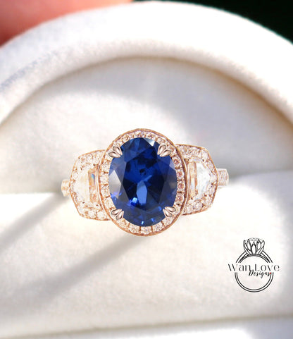 Blue Sapphire Diamond Oval Engagement Ring half moon trapezoid, 3ct, 9x7mm,Custom,14k 18k White Yellow Rose Gold, Platinum, Anniversary Gift