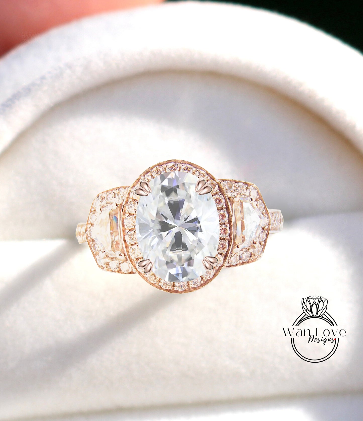 Anello di fidanzamento ovale Moissanite, trapezio a mezza luna, 3ct, 9x7mm, personalizzato, 14k 18k bianco giallo oro rosa, platino, matrimonio, regalo di anniversario