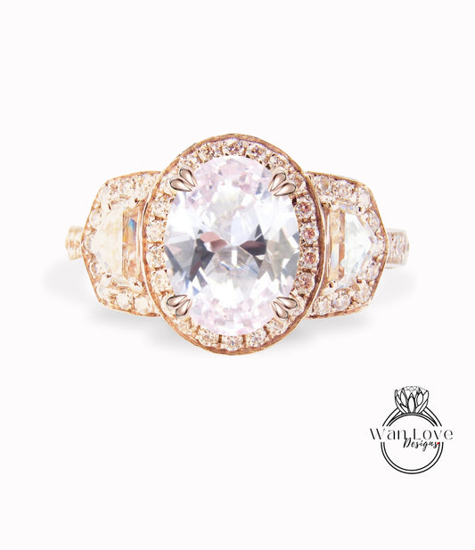 Light Pink Sapphire & Diamonds Oval Engagement Ring half moon trapezoid, 3ct,9x7mm,Custom,14k 18k White Yellow Rose Gold, Platinum,Wedding