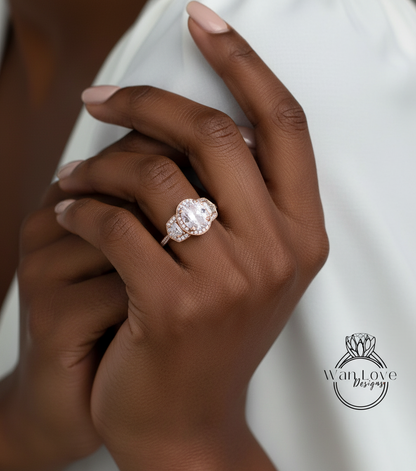 Anello di fidanzamento ovale con zaffiro rosa chiaro e diamanti, trapezio a mezzaluna, 3 ct, 9x7 mm, personalizzato, oro rosa giallo bianco 14k 18k, platino, matrimonio