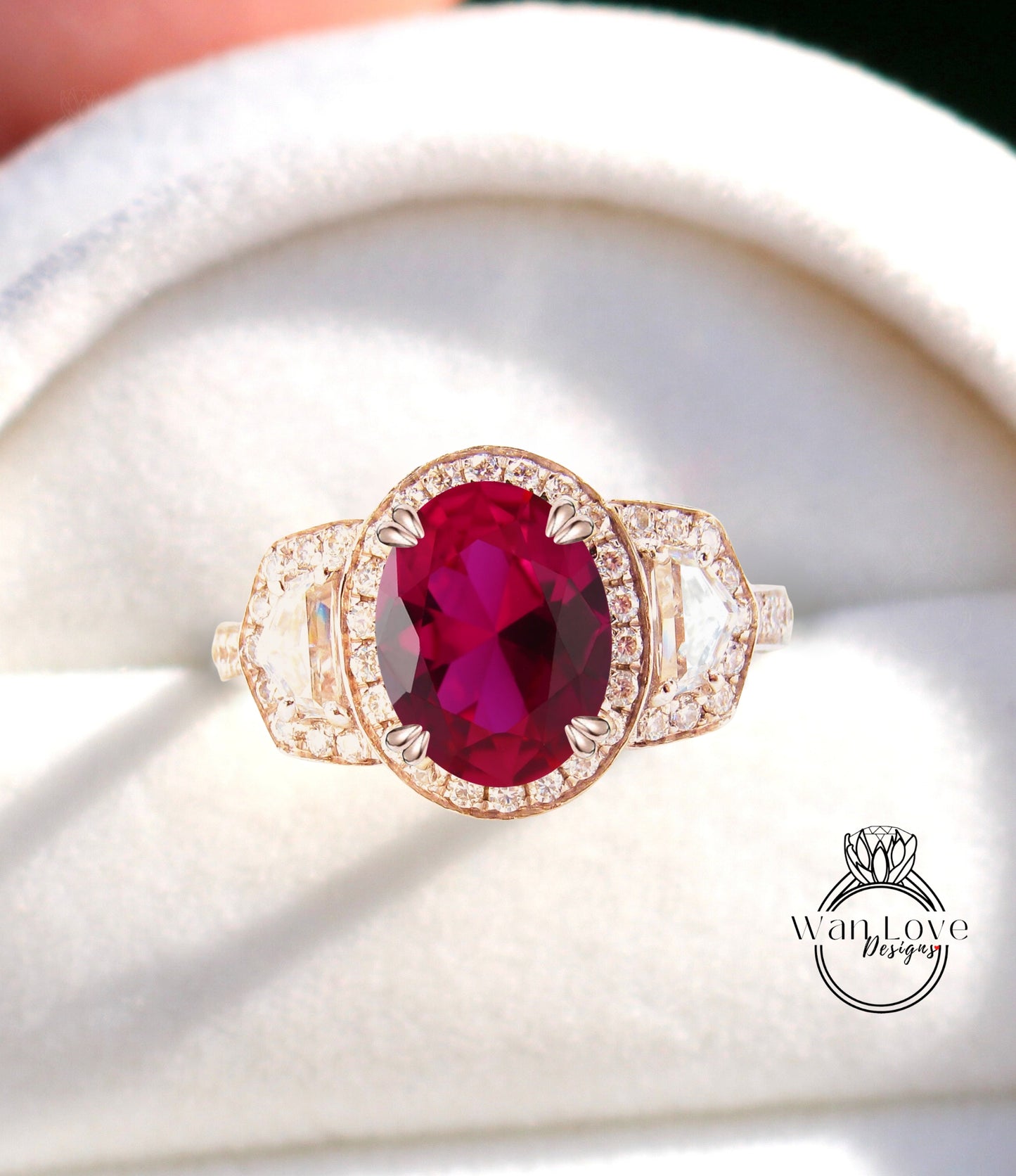 Ruby Diamond Oval Engagement Ring half moon trapezoid, 3ct, 9x7mm, Custom, 14k 18k White Yellow Rose Gold, Platinum,Wedding,Anniversary Gift