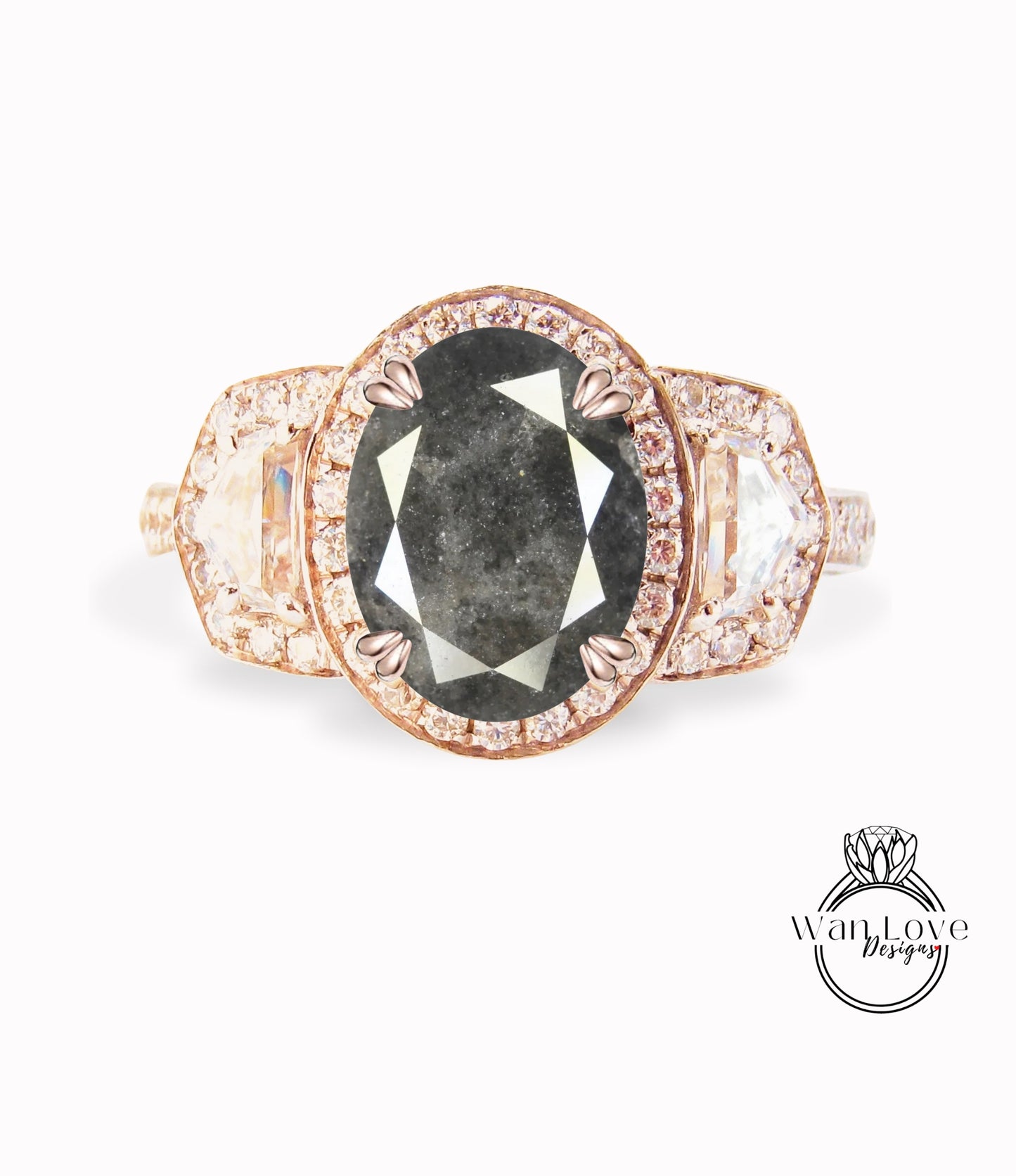 Anello di fidanzamento ovale con diamanti sale e pepe, trapezio a mezzaluna da 2 ct, taglio Cadillac per matrimonio personalizzato