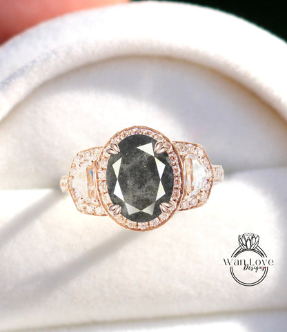 Salt & Pepper Diamond Oval Engagement Ring half moon trapezoid 2ct Custom Wedding Cadillac cut