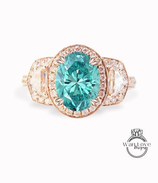 Teal Blue Green Moissanite & Diamond Oval Engagement Ring half moon trapezoid, 3ct, 9x7mm, Custom, 14k 18k White Yellow Rose Gold, Platinum