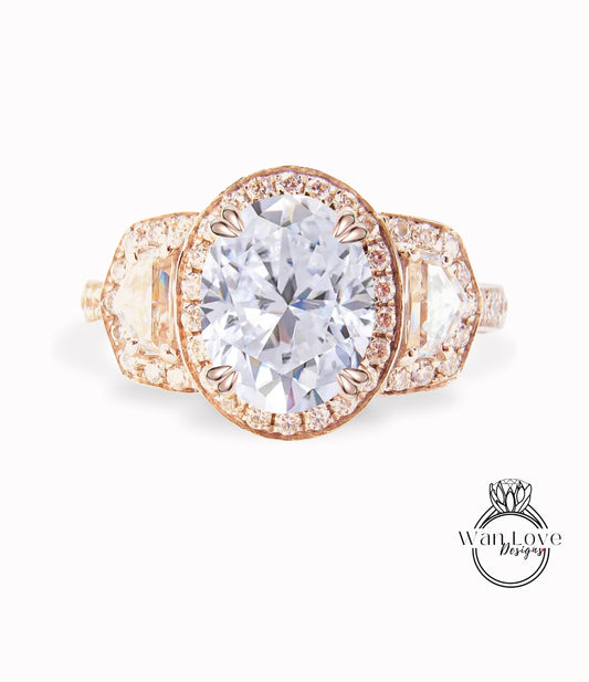 White Sapphire Diamond Oval Engagement Ring half moon trapezoid, 3ct, 9x7mm, Custom, 14k 18k White Yellow Rose Gold, Platinum, Wedding