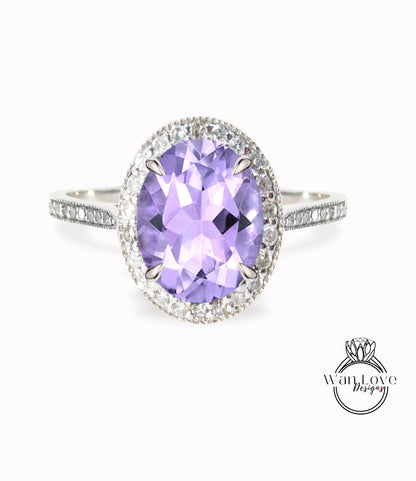 Lavender Amethyst Diamond 14k gold milgrain oval halo engagement ring, sapphire gold engagement ring, gold milgrain ring, vintage inspired