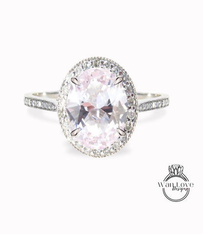 Light Pink Sapphire Diamond 14k gold milgrain oval halo engagement ring, sapphire gold engagement ring, gold milgrain ring, vintage inspired