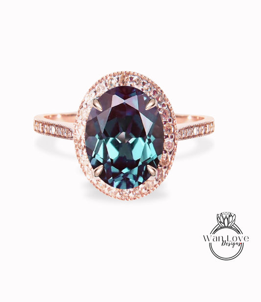 Alexandrite Diamond 14k gold milgrain oval halo engagement ring, alexandrite gold engagement ring, gold milgrain ring, vintage inspired