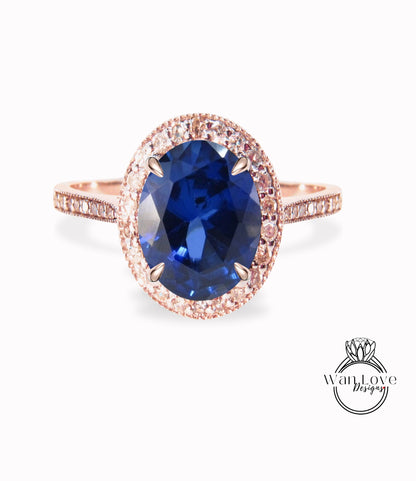 Blue Sapphire Diamond 14k gold milgrain oval halo engagement ring, sapphire gold engagement ring, gold milgrain ring, vintage inspired