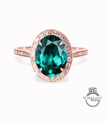 Emerald Diamond 14k gold milgrain oval halo engagement ring, emerald gold engagement ring, gold milgrain ring, vintage inspired