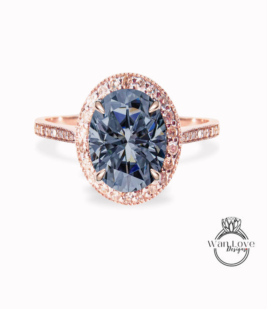Vintage milgrain Diamond Halo Ring Grey Moissanite Diamond Oval Halo Engagement Ring Art Deco Diamond Halo Ring wedding bridal promise ring