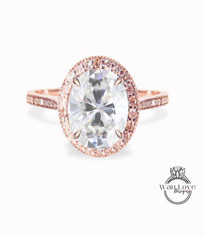 Anello di fidanzamento con diamante Halo vintage milgrain Anello Moissanite e diamante ovale Halo Anello di fidanzamento con diamante Art Deco Anello di promessa nuziale