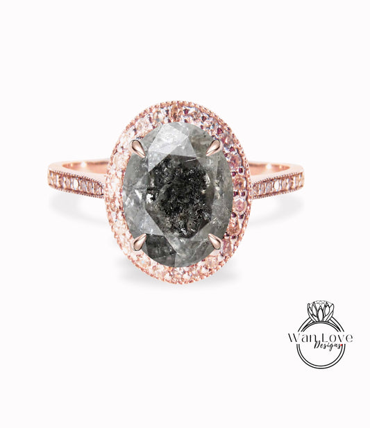 Salt & Pepper Diamond 14k gold milgrain oval halo engagement ring, diamond gold engagement ring, gold milgrain ring, vintage inspired