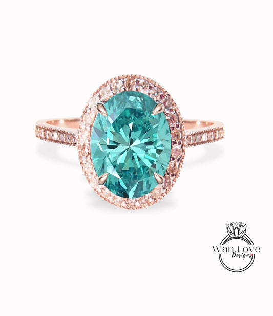 Vintage milgrain Diamond Halo Ring blue Moissanite Diamond Oval Halo Engagement Ring Art Deco Diamond Halo Ring wedding bridal promise ring