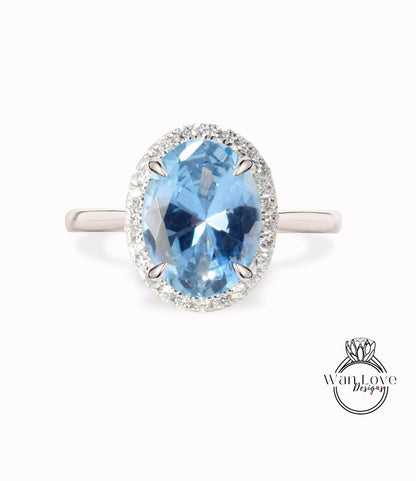 Anello di fidanzamento con spinello blu acquamarina taglio ovale anello in oro rosa con alone di diamanti anello di promessa anniversario in stile art deco affusolato semplice sottile e delicato