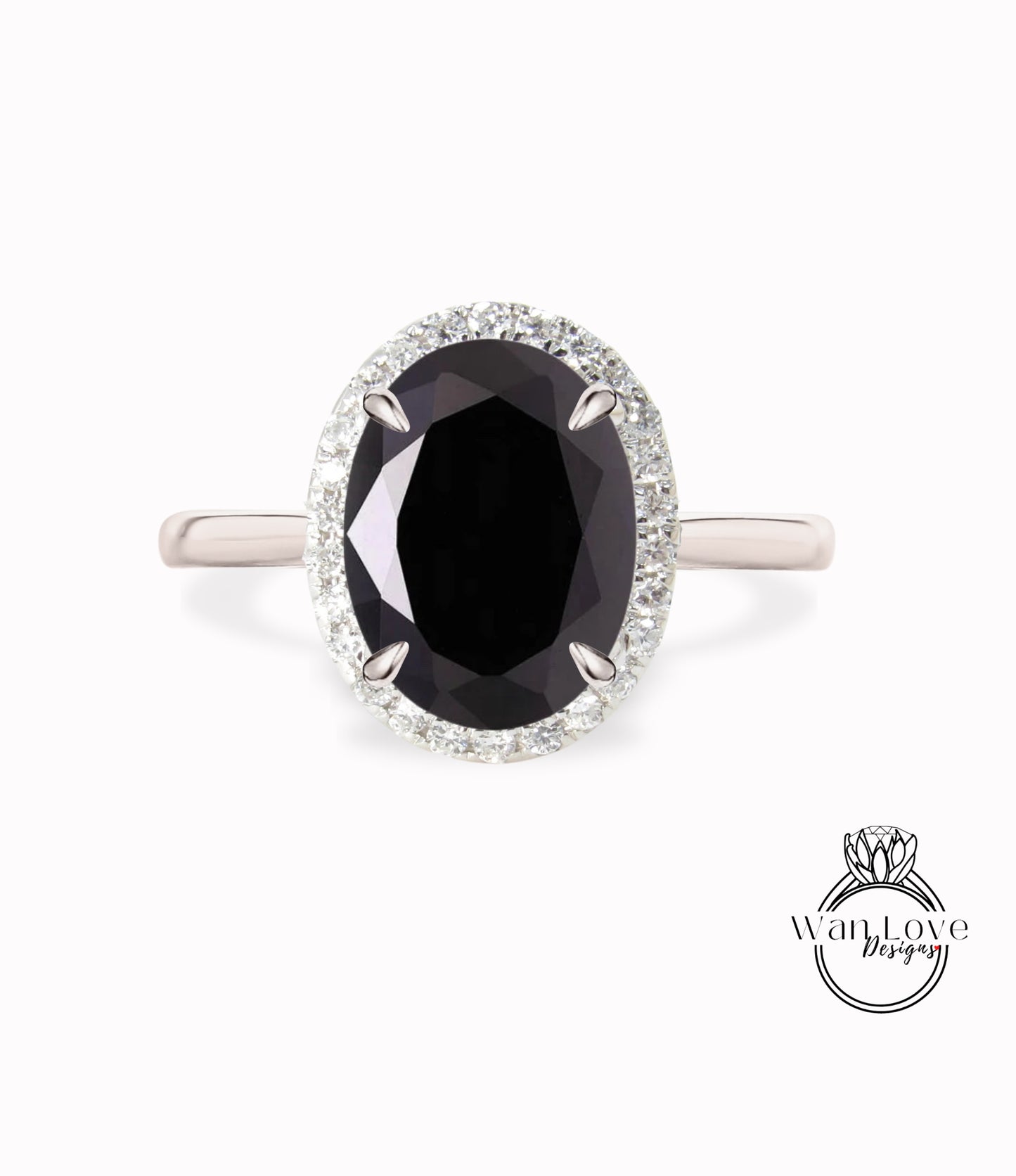 Anello di fidanzamento con spinello nero a taglio ovale, anello in oro rosa con alone di diamanti, con fascia affusolata sottile e delicata, anello di promessa per l'anniversario in stile art deco