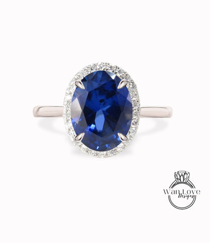 Oval cut Blue Sapphire engagement ring rose gold halo ring diamond halo tapered plain thin dainty band art deco anniversary promise ring