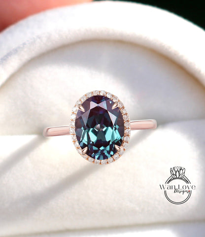 Oval cut Alexandrite engagement ring rose gold halo ring diamond halo tapered plain thin dainty band art deco anniversary promise ring