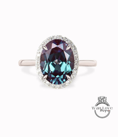 Oval cut Alexandrite engagement ring rose gold halo ring diamond halo tapered plain thin dainty band art deco anniversary promise ring