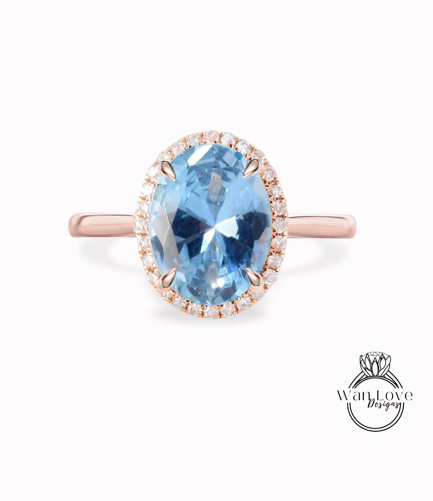 Anello di fidanzamento con spinello blu acquamarina taglio ovale anello in oro rosa con alone di diamanti anello di promessa anniversario in stile art deco affusolato semplice sottile e delicato