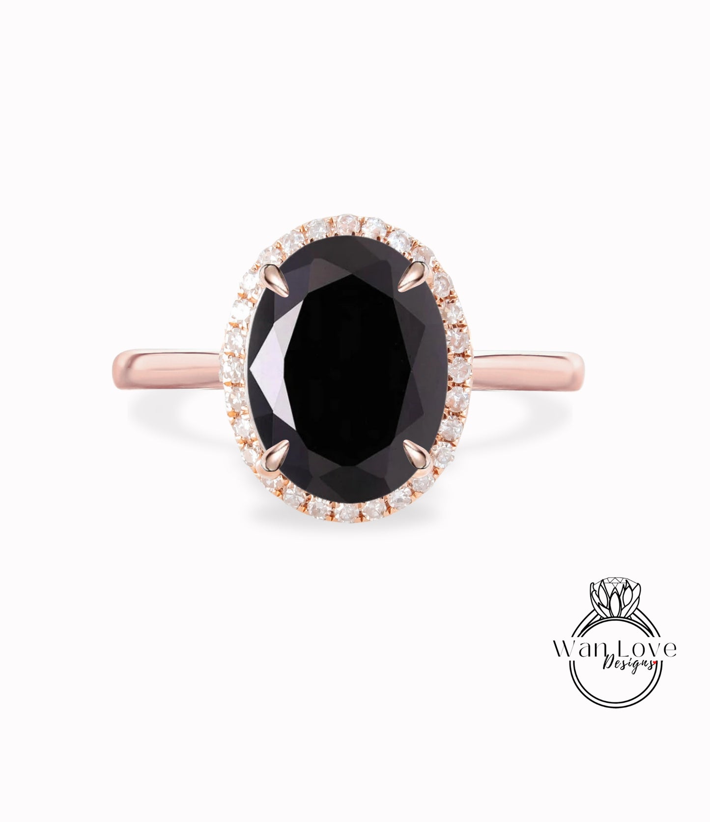 Anello di fidanzamento con spinello nero a taglio ovale, anello in oro rosa con alone di diamanti, con fascia affusolata sottile e delicata, anello di promessa per l'anniversario in stile art deco